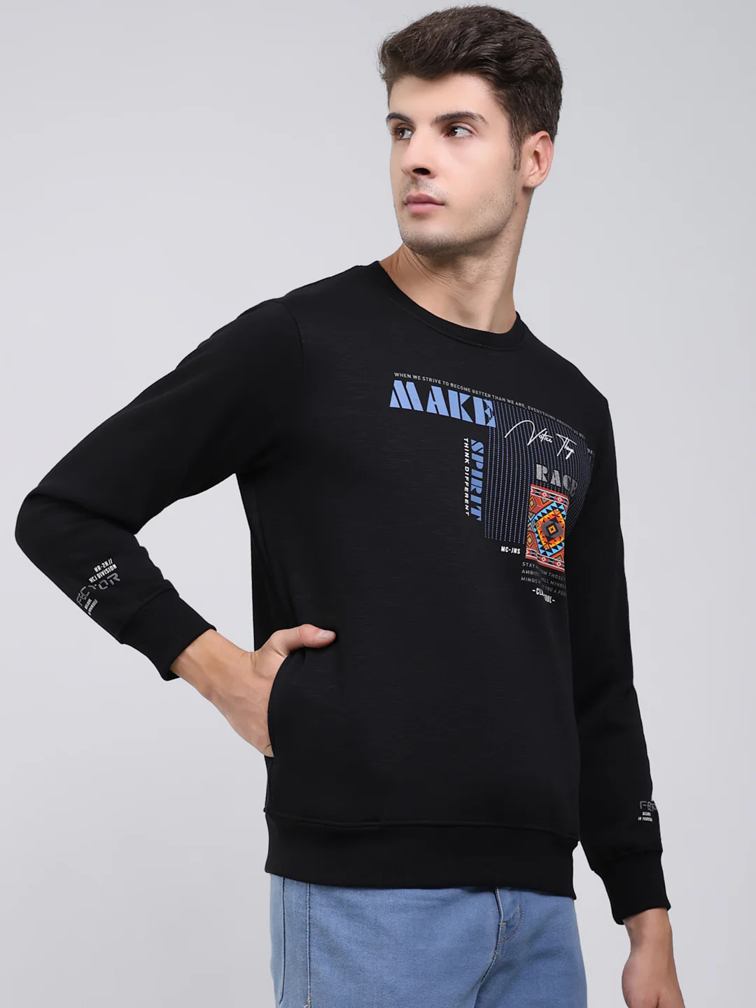 Men Black Printed Round Neck Full Sleeve Sweatshirt - Image 4