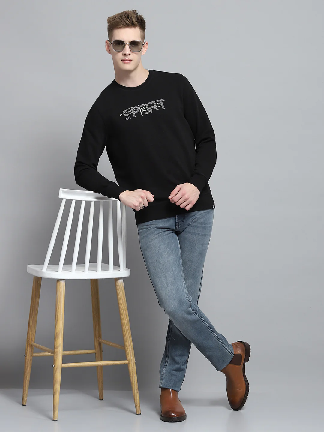 Men Black Printed Round Neck Full Sleeve Winter T-Shirt - Image 2