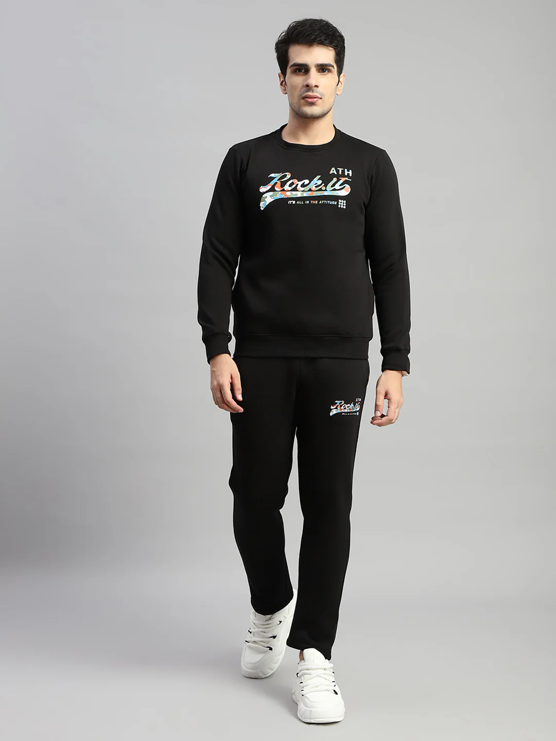 Rock.it Men Black Printed Round Neck Full Sleeve Winter Tracksuit - Image 2