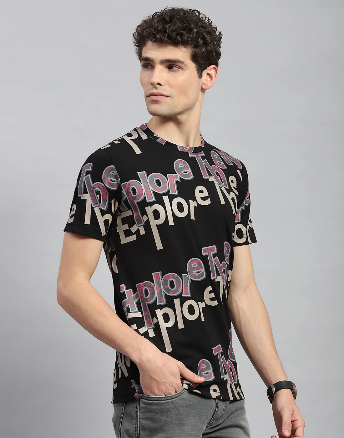 Men Black Printed Round Neck Half Sleeve T-Shirt - Image 4
