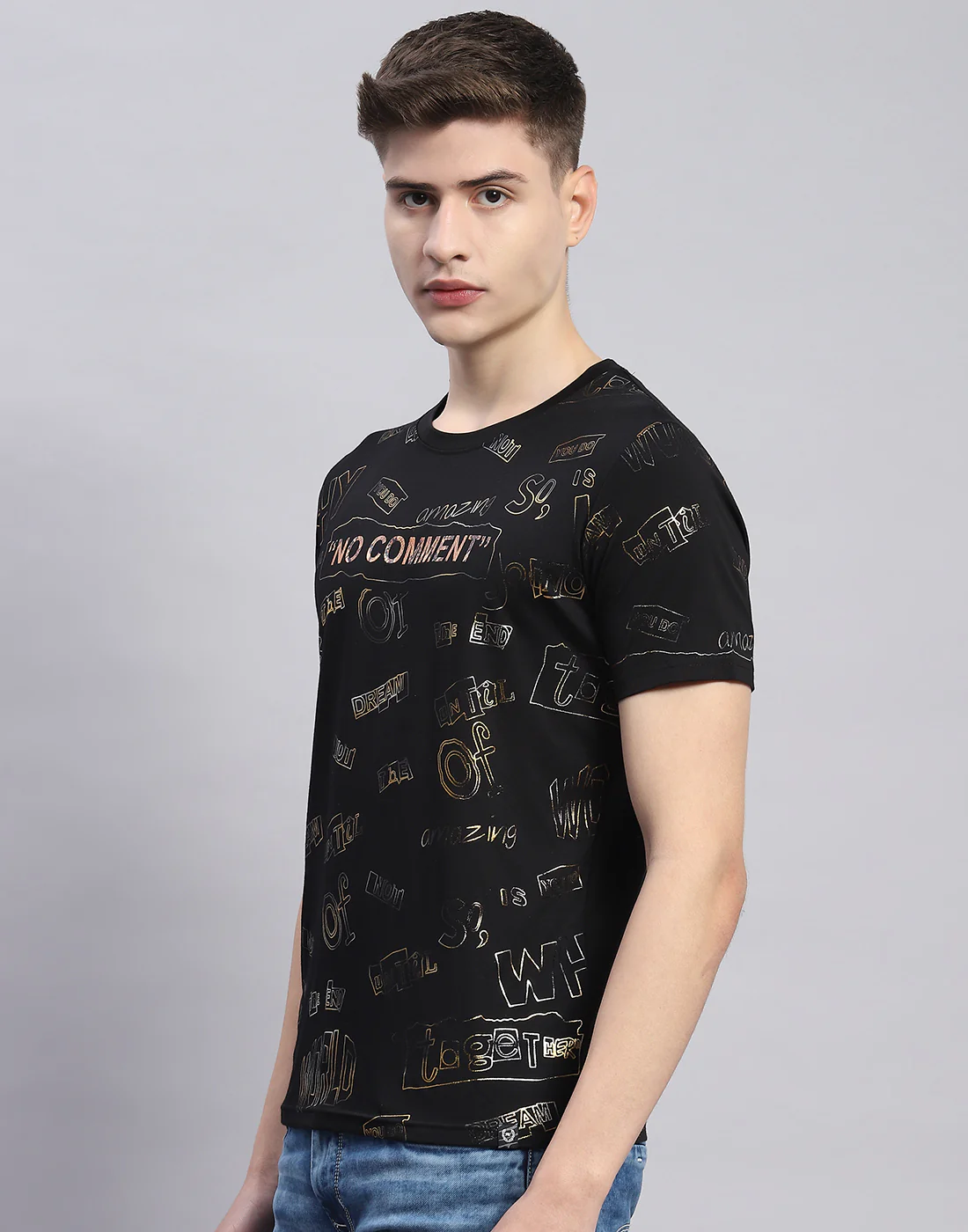 Men Black Printed Round Neck Half Sleeve T-Shirt - Image 3