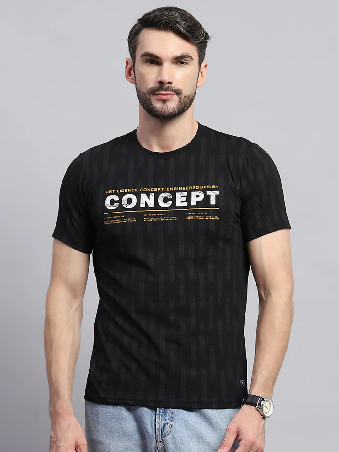 Men Black Printed Round Neck Half Sleeve T-Shirt - Image 2