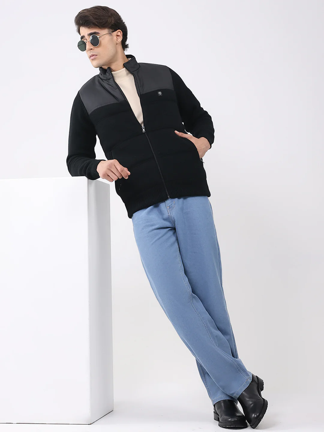 Men Black Printed T Neck Full Sleeve Jacket - Image 2