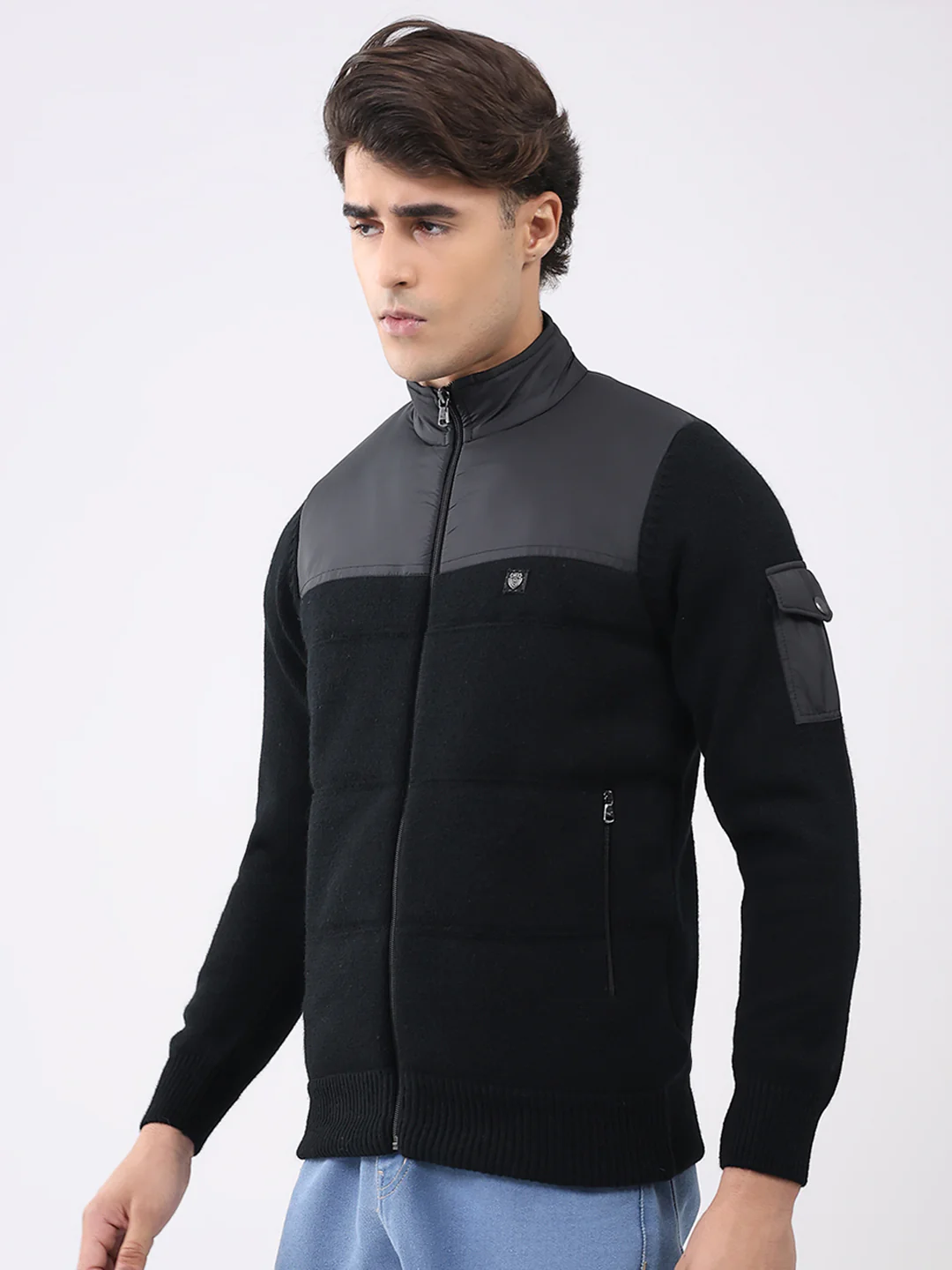 Men Black Printed T Neck Full Sleeve Jacket - Image 3