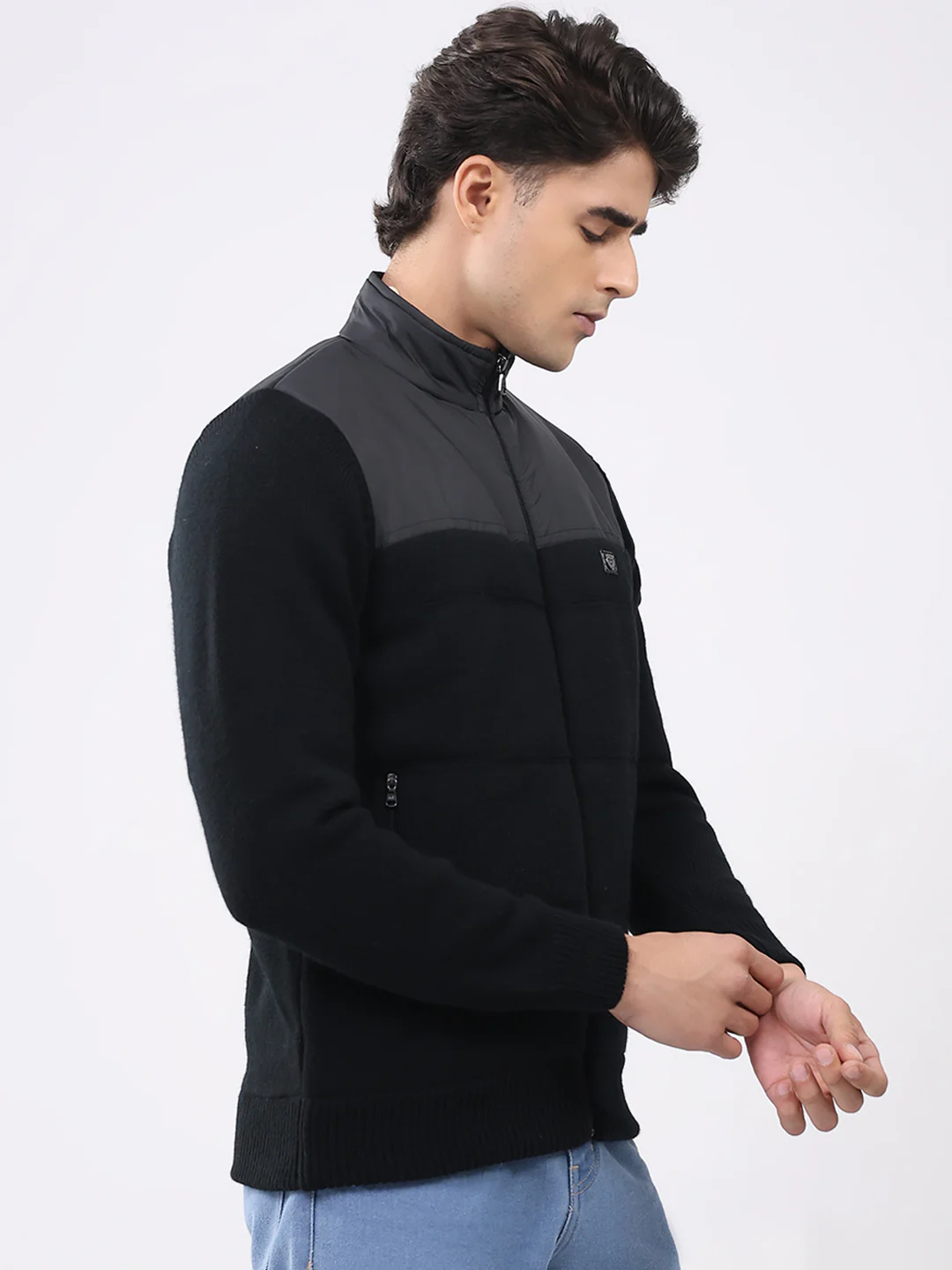 Men Black Printed T Neck Full Sleeve Jacket - Image 4