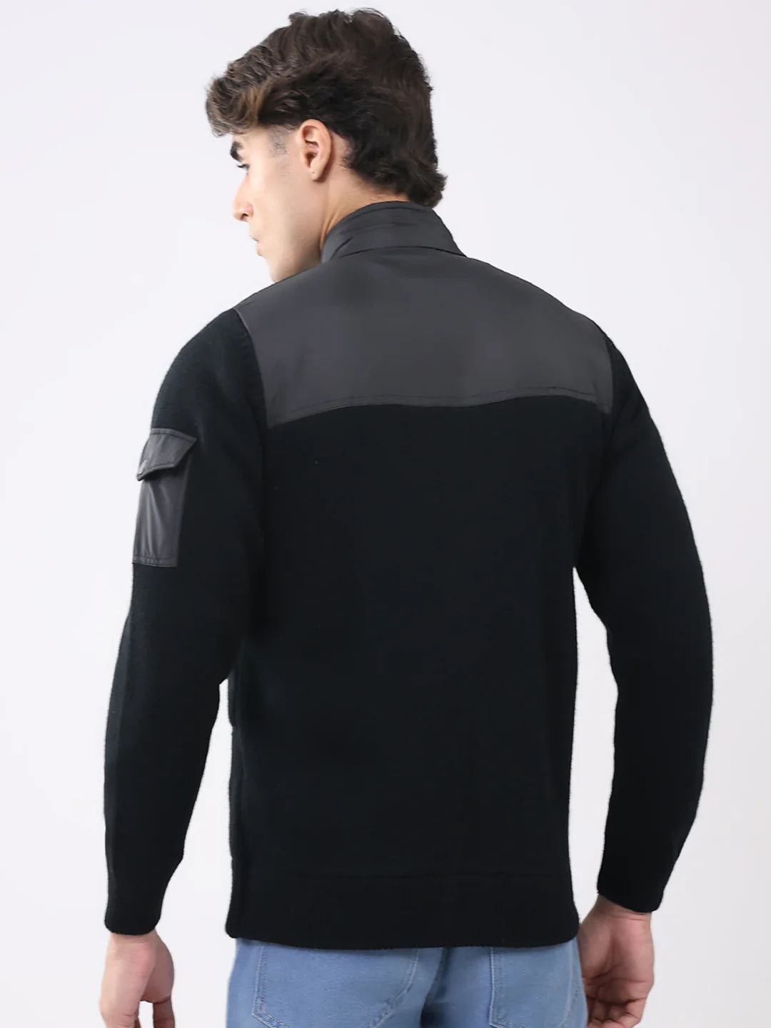 Men Black Printed T Neck Full Sleeve Jacket - Image 5
