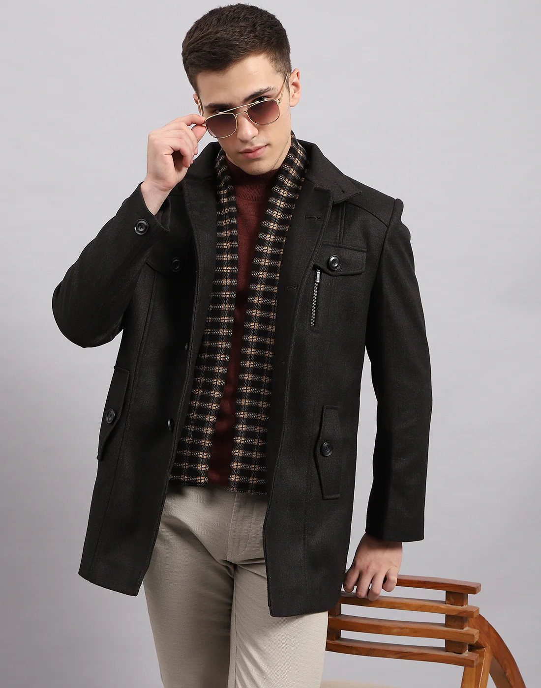 Men Black Self Design Band Collar Full Sleeve Coat - Image 6