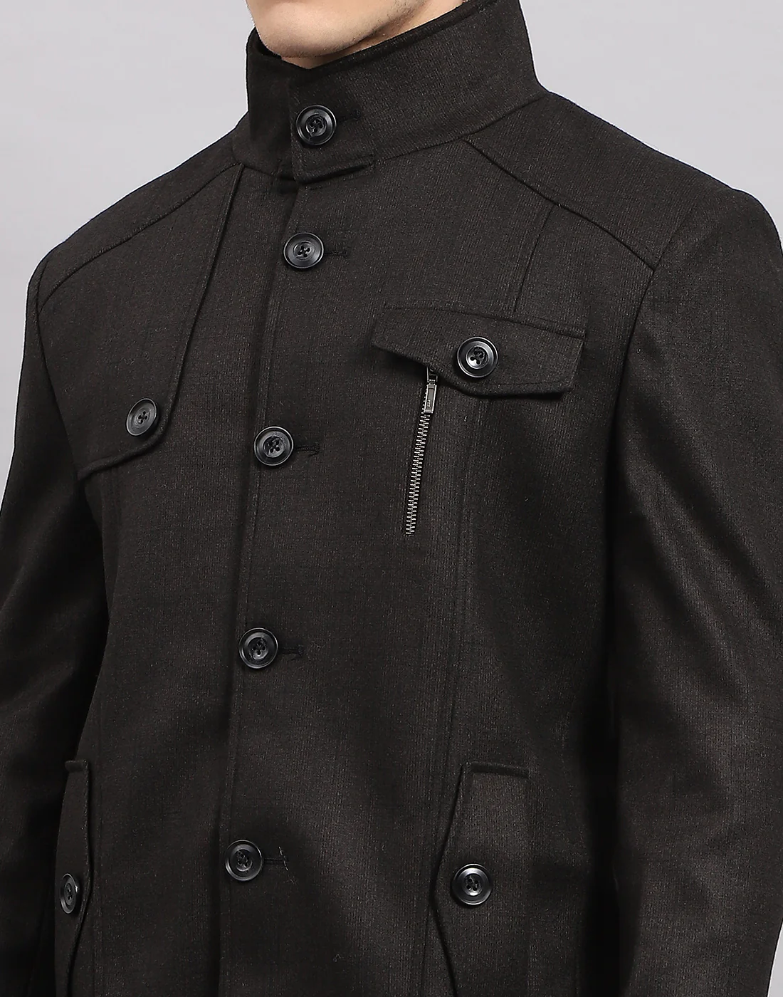 Men Black Self Design Band Collar Full Sleeve Coat - Image 7