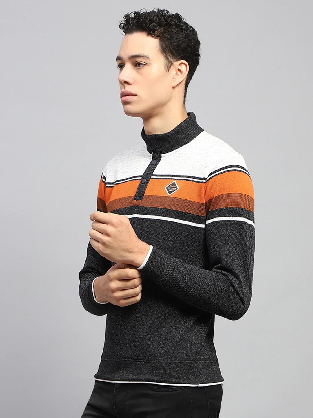 Men Black Self Design Band Collar Full Sleeve Winter T-Shirt - Image 3