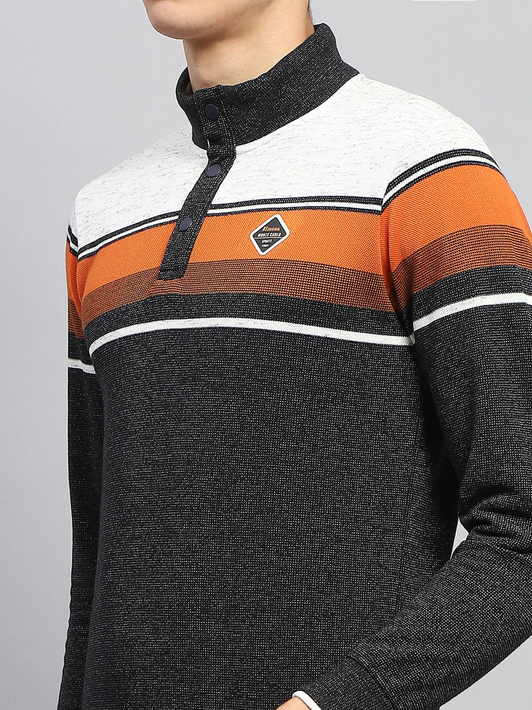 Men Black Self Design Band Collar Full Sleeve Winter T-Shirt - Image 7