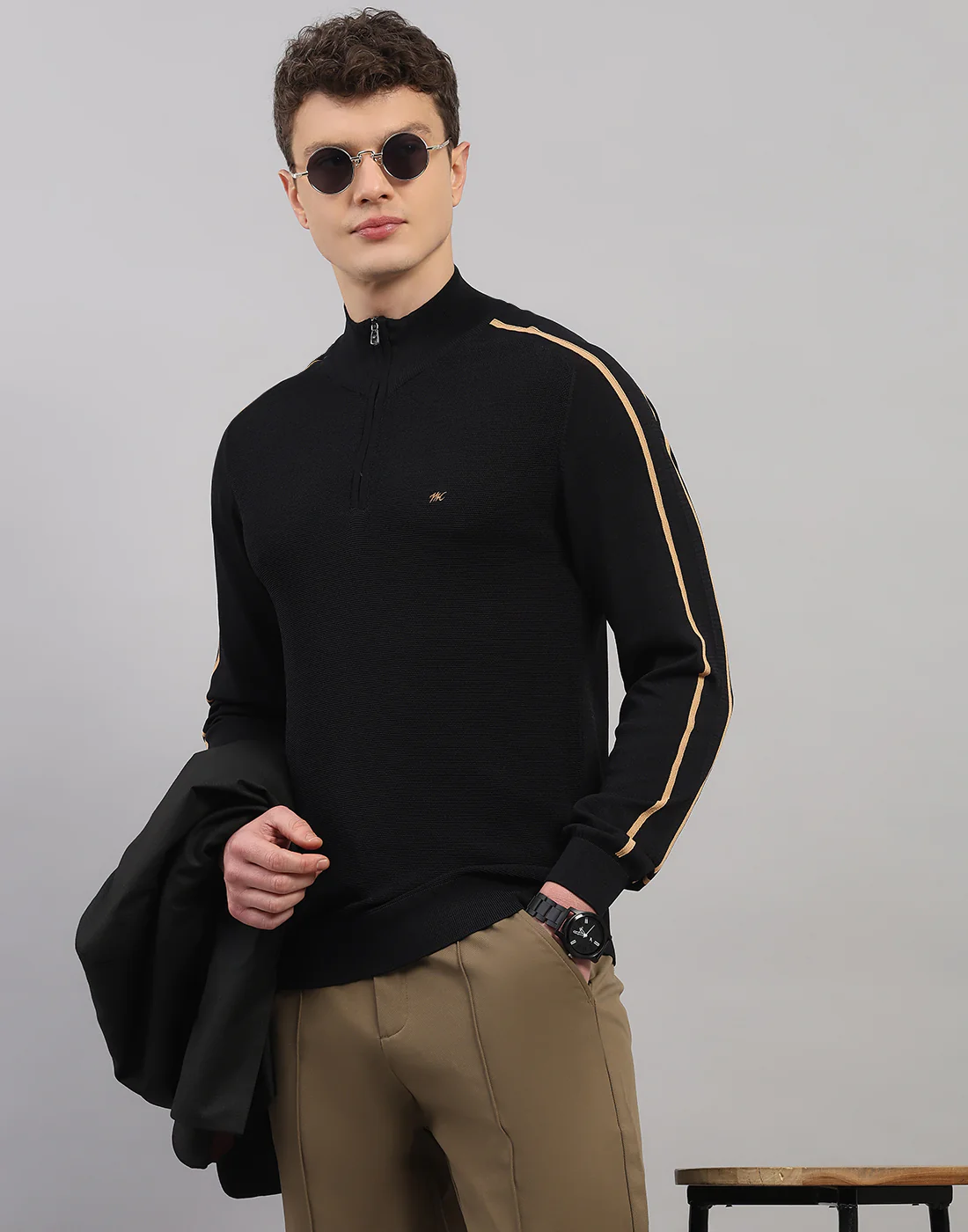 Men Black Self Design Collar Full Sleeve Winter T-Shirt - Image 6