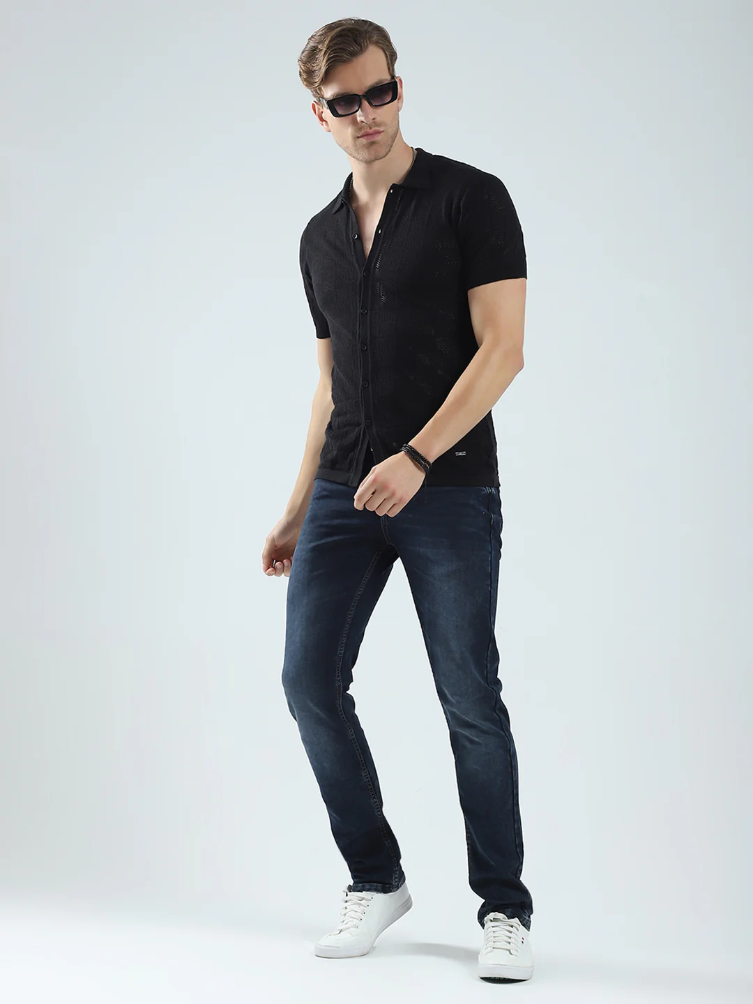Men Black Self Design Collar Half Sleeve T-Shirt - Image 2