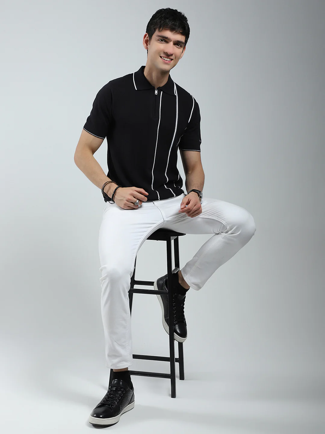 Men Black Self Design Collar Half Sleeve T-Shirt - Image 2