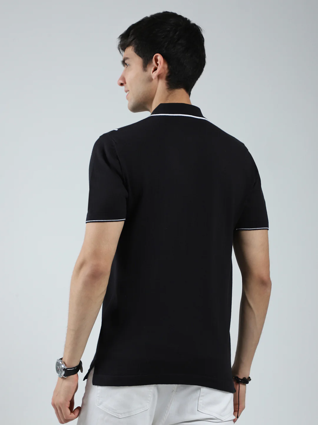 Men Black Self Design Collar Half Sleeve T-Shirt - Image 5