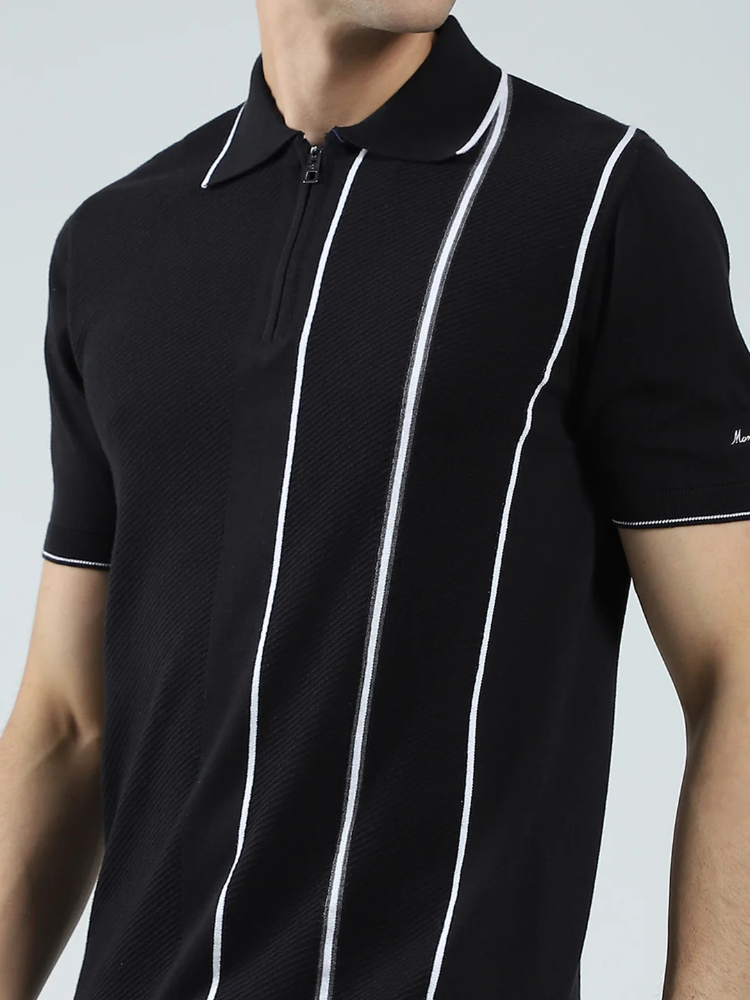 Men Black Self Design Collar Half Sleeve T-Shirt - Image 6
