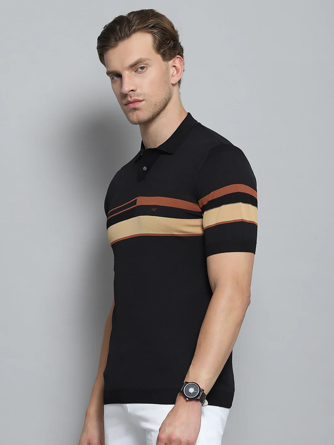 Men Black Self Design Collar Half Sleeve T-Shirt - Image 3