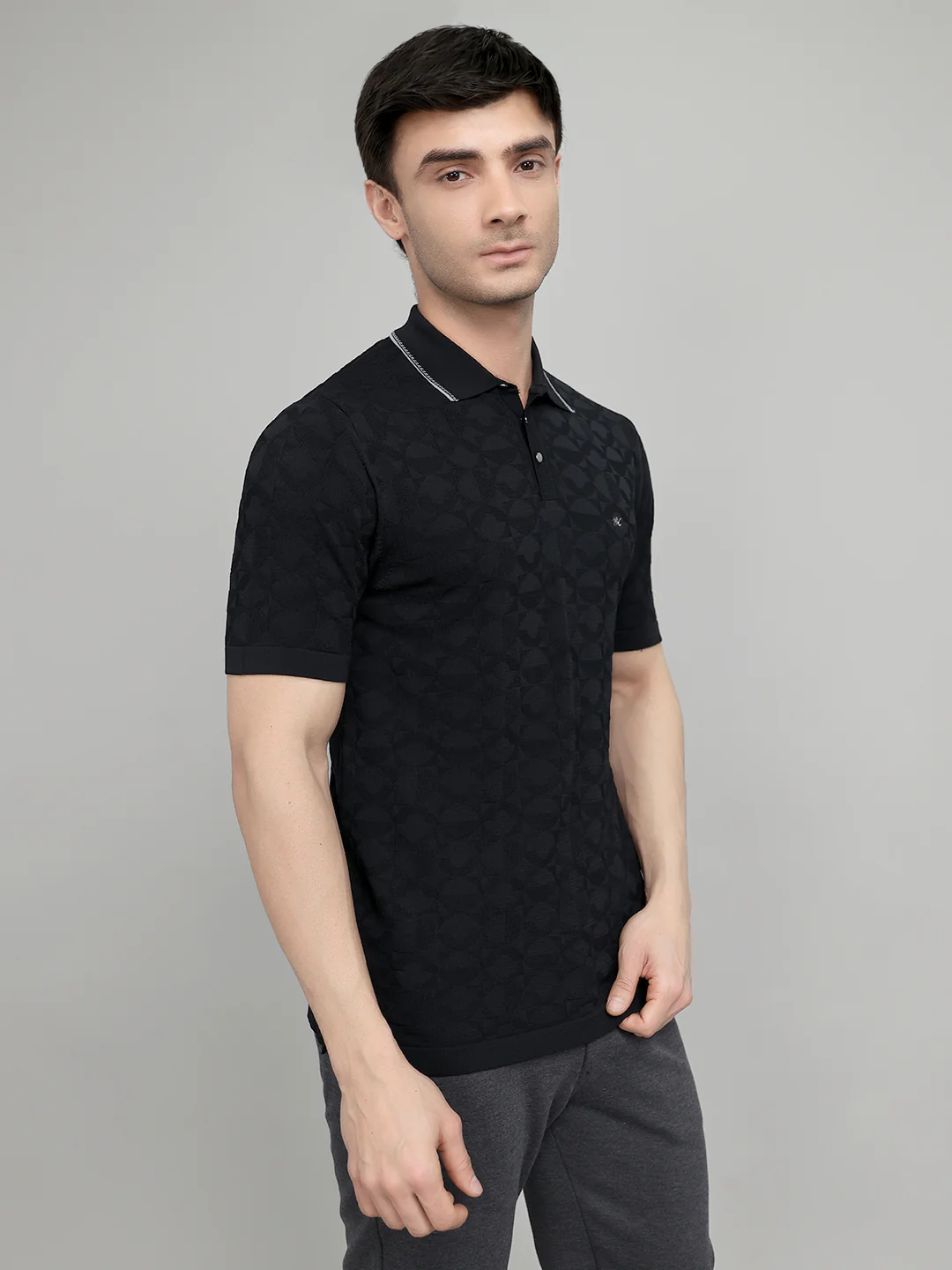 Men Black Self Design Collar Half Sleeve T-Shirt - Image 3