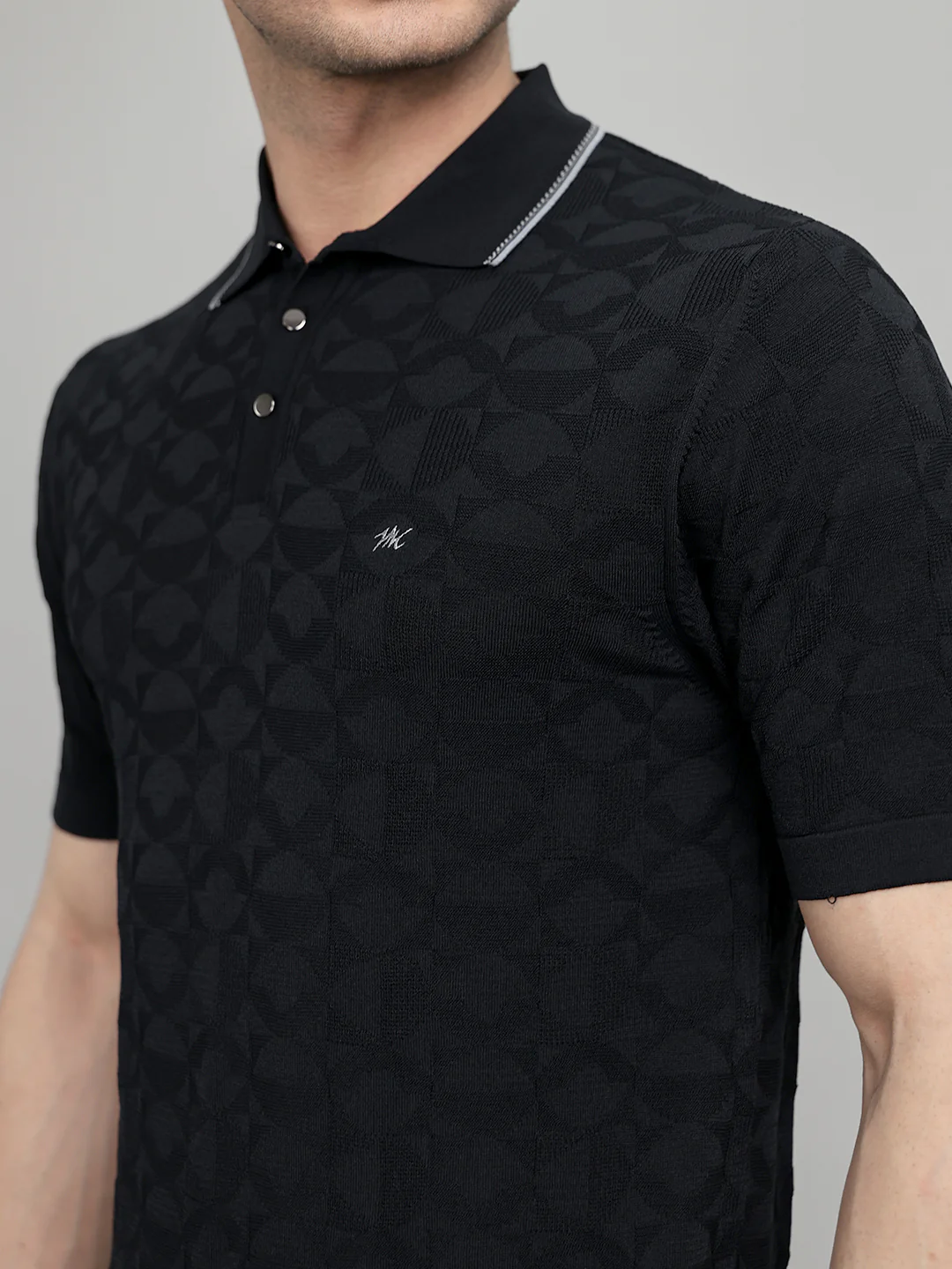 Men Black Self Design Collar Half Sleeve T-Shirt - Image 5