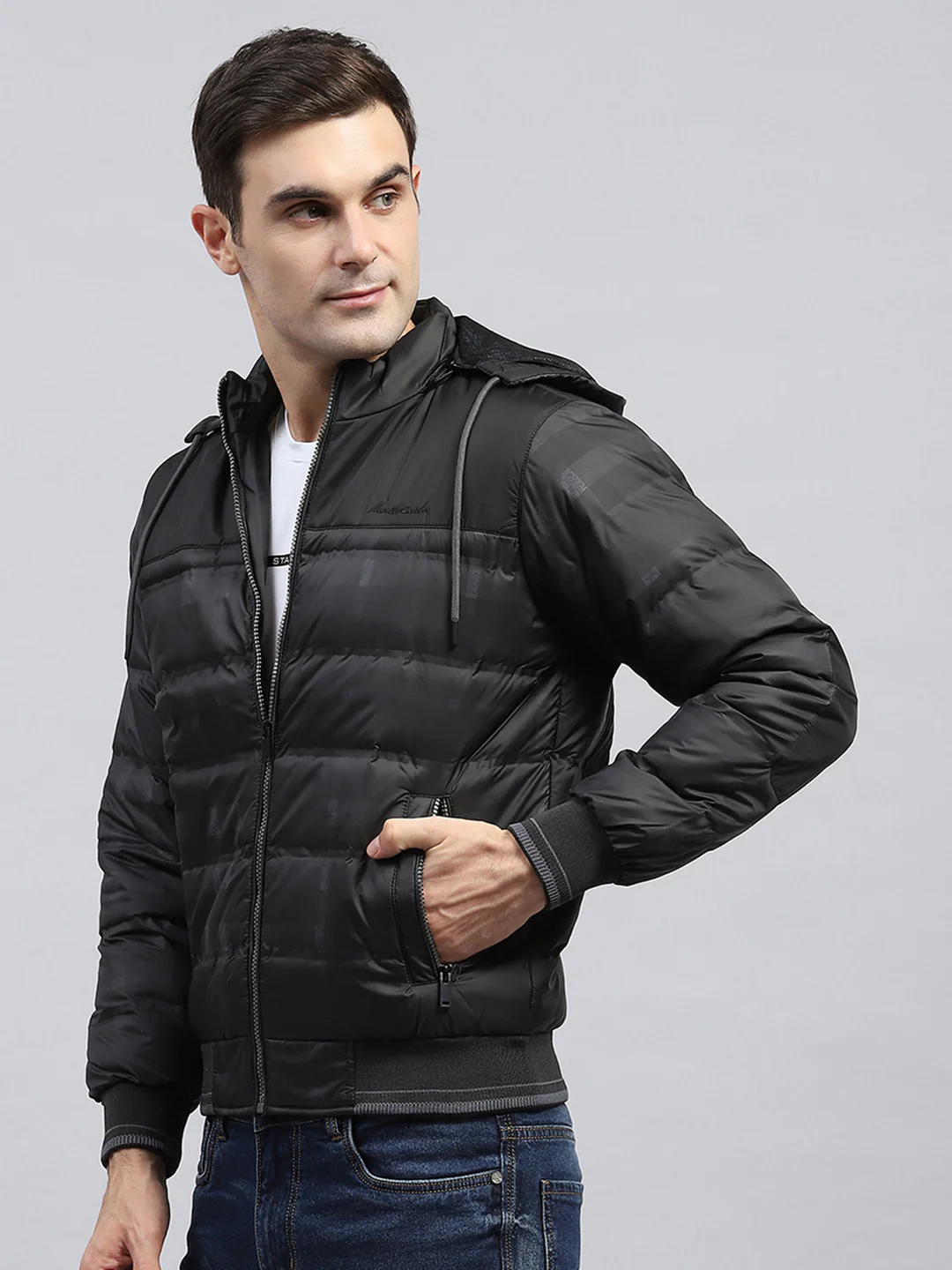 Men Black Self Design Detachable Hood Full Sleeve Jacket - Image 3