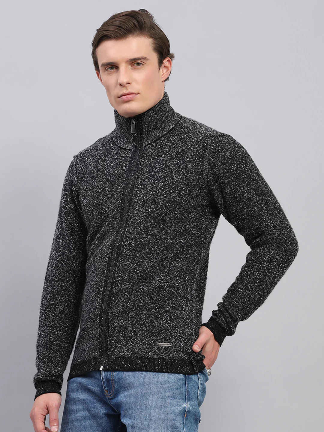 Men Black Self Design High Neck Full Sleeve Pullover - Image 3