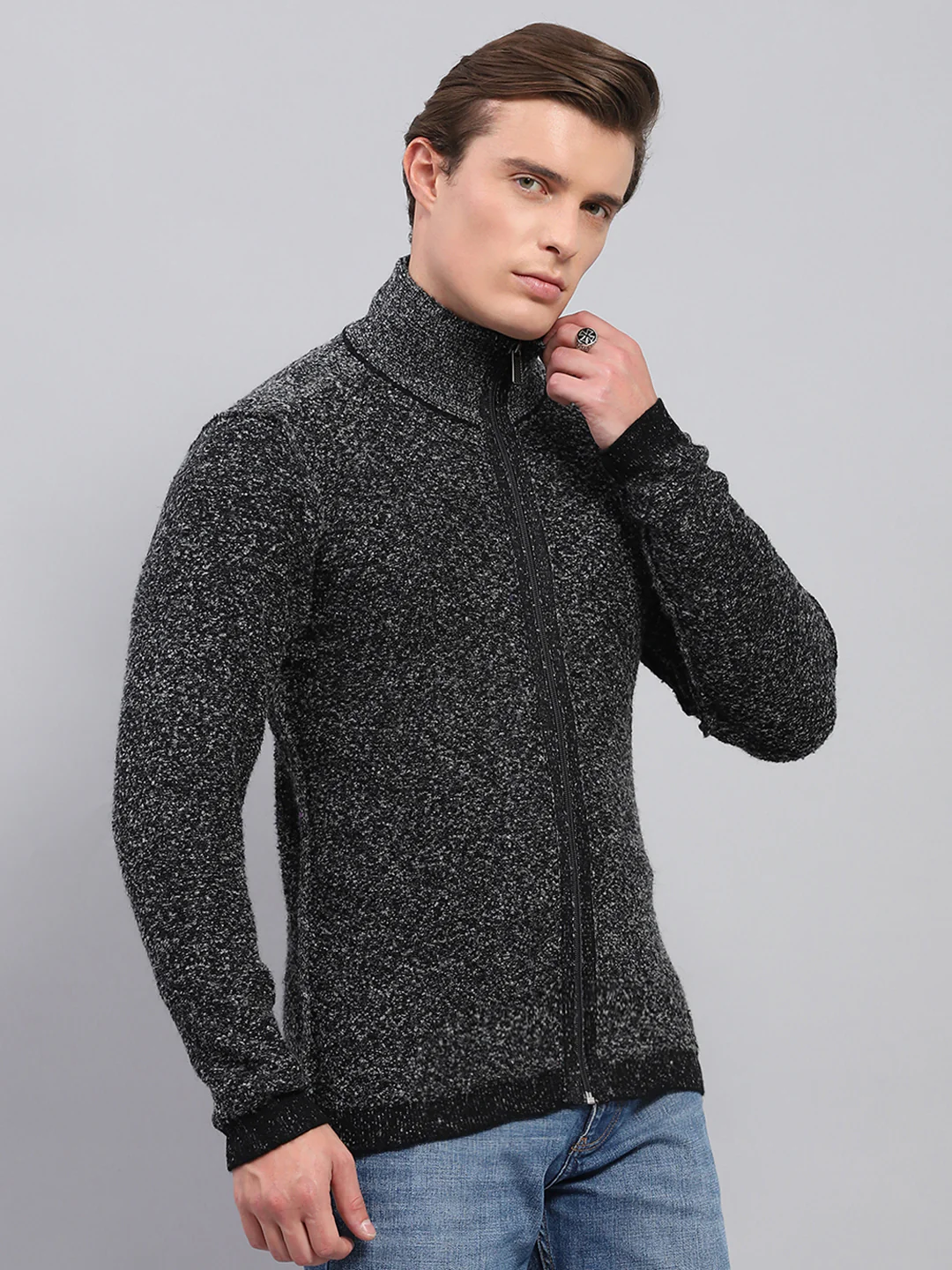 Men Black Self Design High Neck Full Sleeve Pullover - Image 4