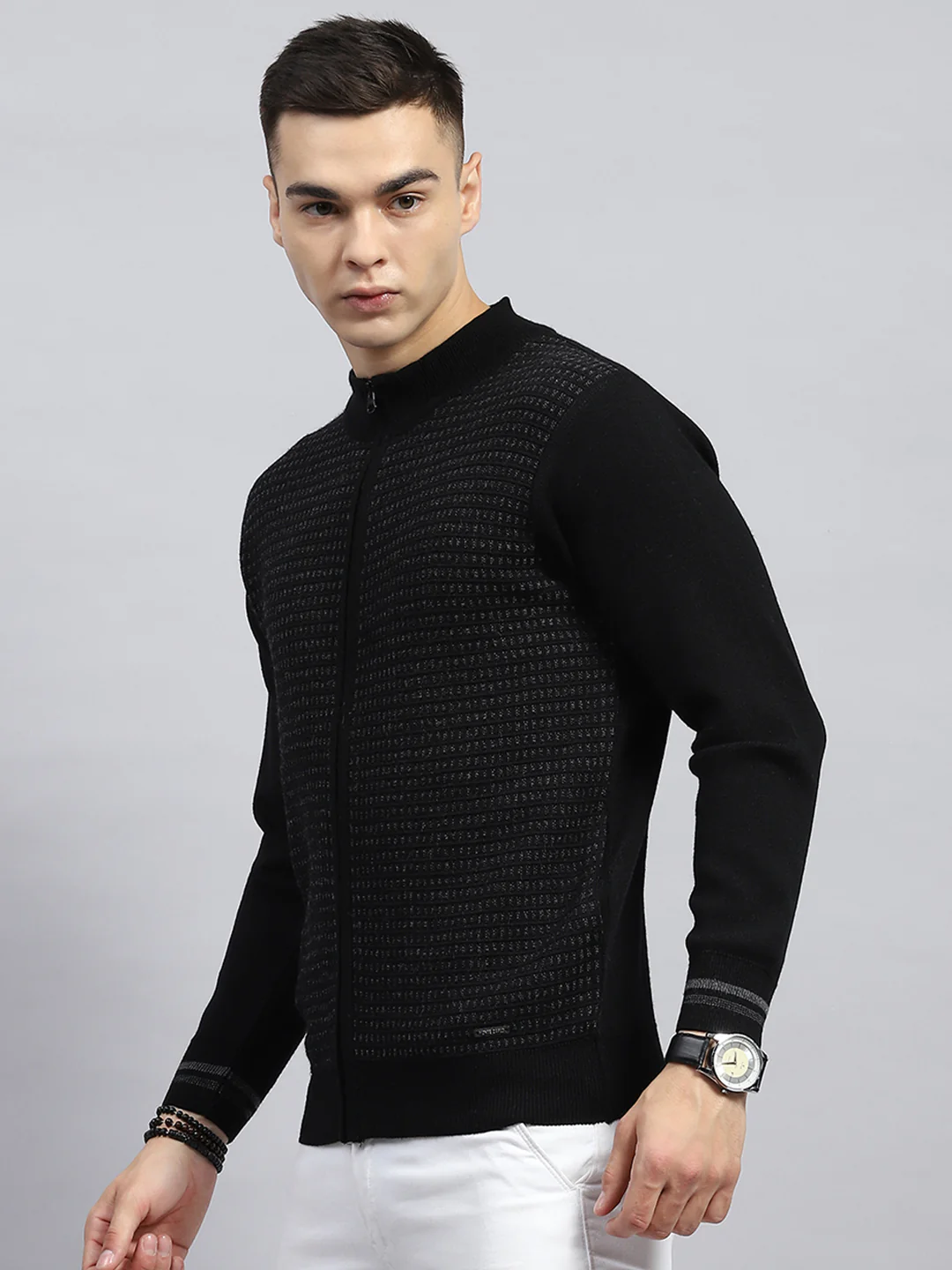 Men Black Self Design High Neck Full Sleeve Pullover - Image 3