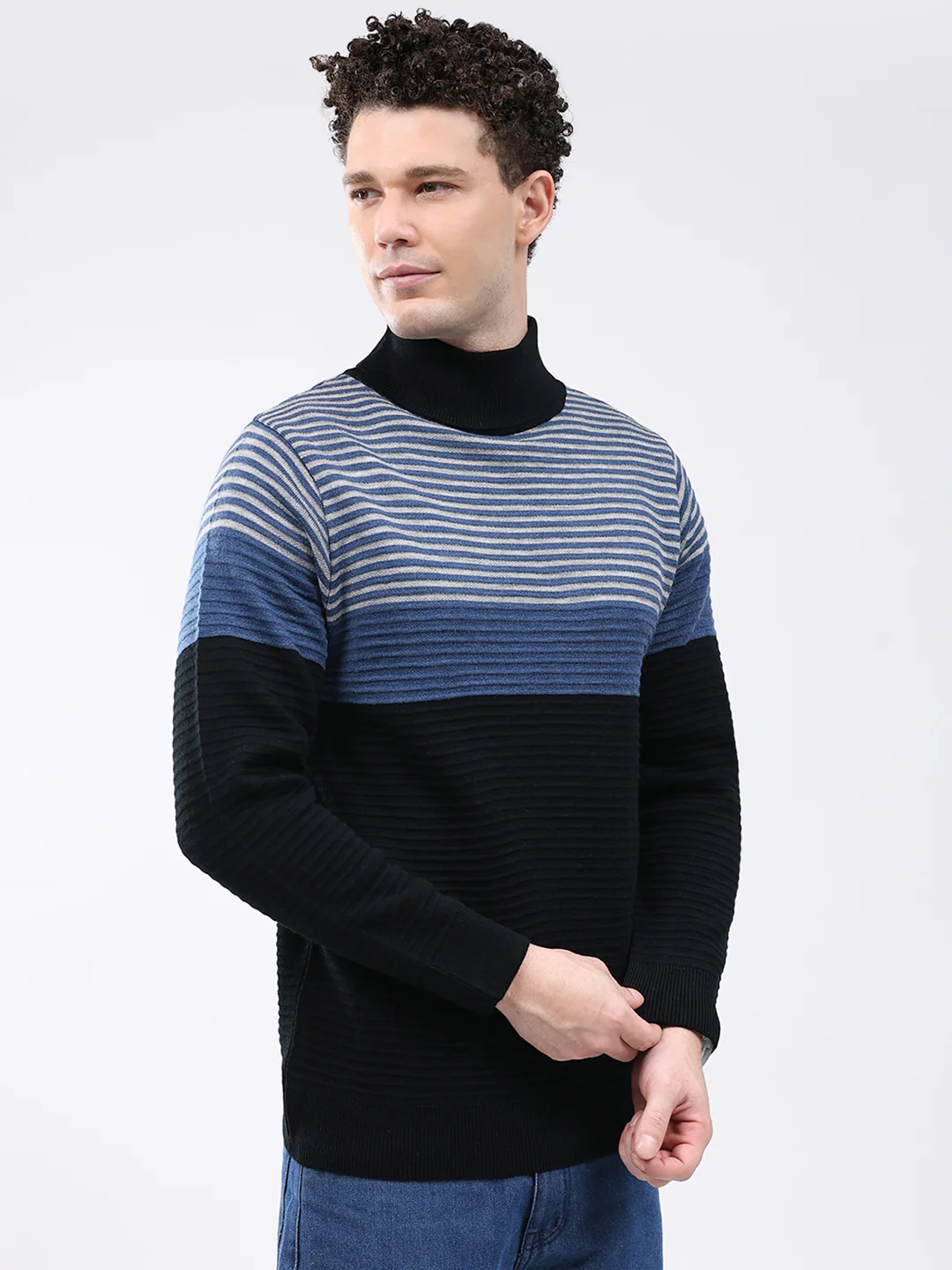 Men Black Self Design High Neck Full Sleeve Pullover - Image 4
