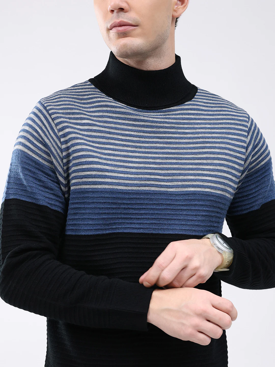 Men Black Self Design High Neck Full Sleeve Pullover - Image 6