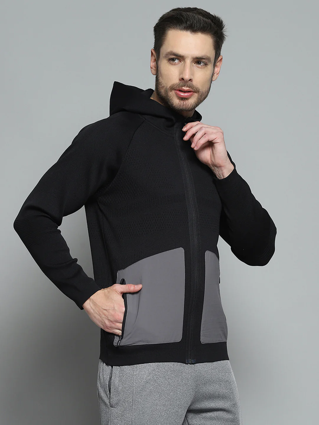 Rock.it Men Black Self Design Hooded Full Sleeve Pullover - Image 4
