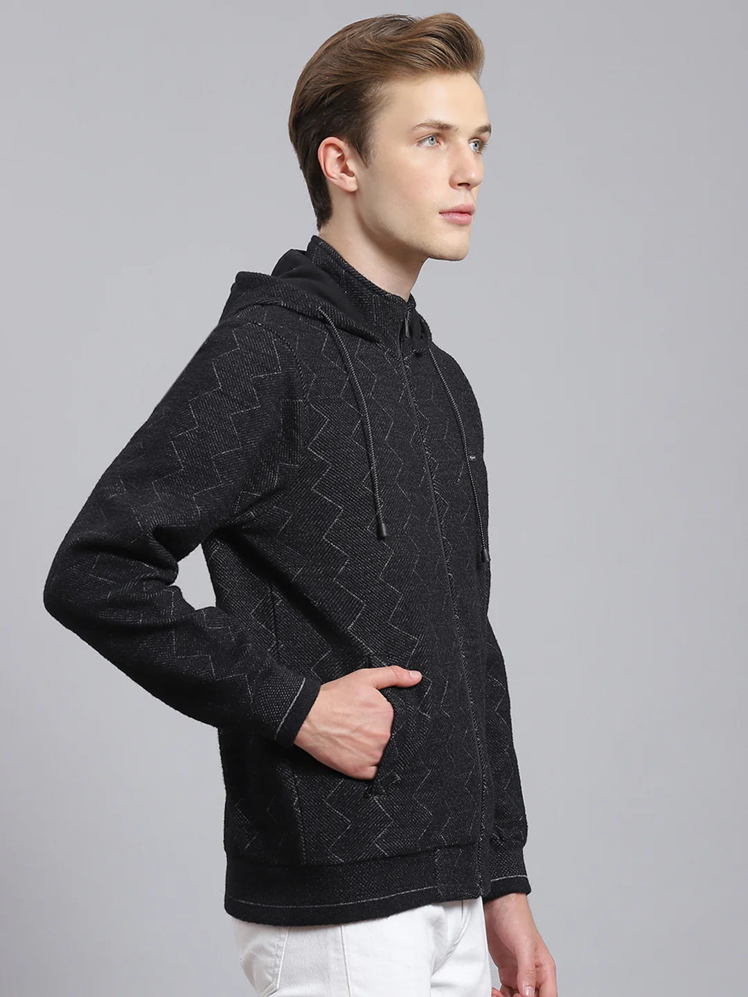 Men Black Self Design Hooded Full Sleeve Sweatshirt - Image 3
