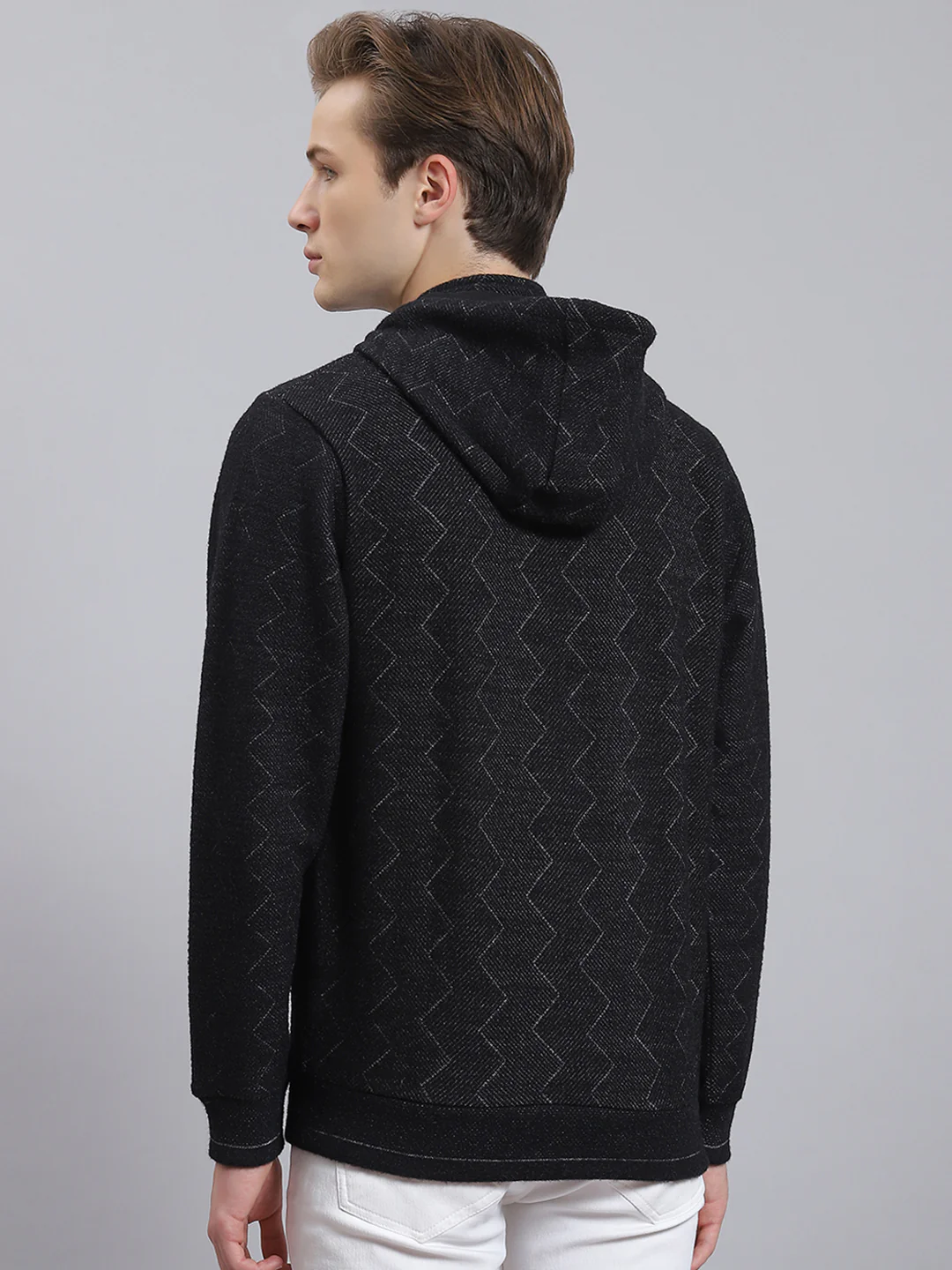 Men Black Self Design Hooded Full Sleeve Sweatshirt - Image 4