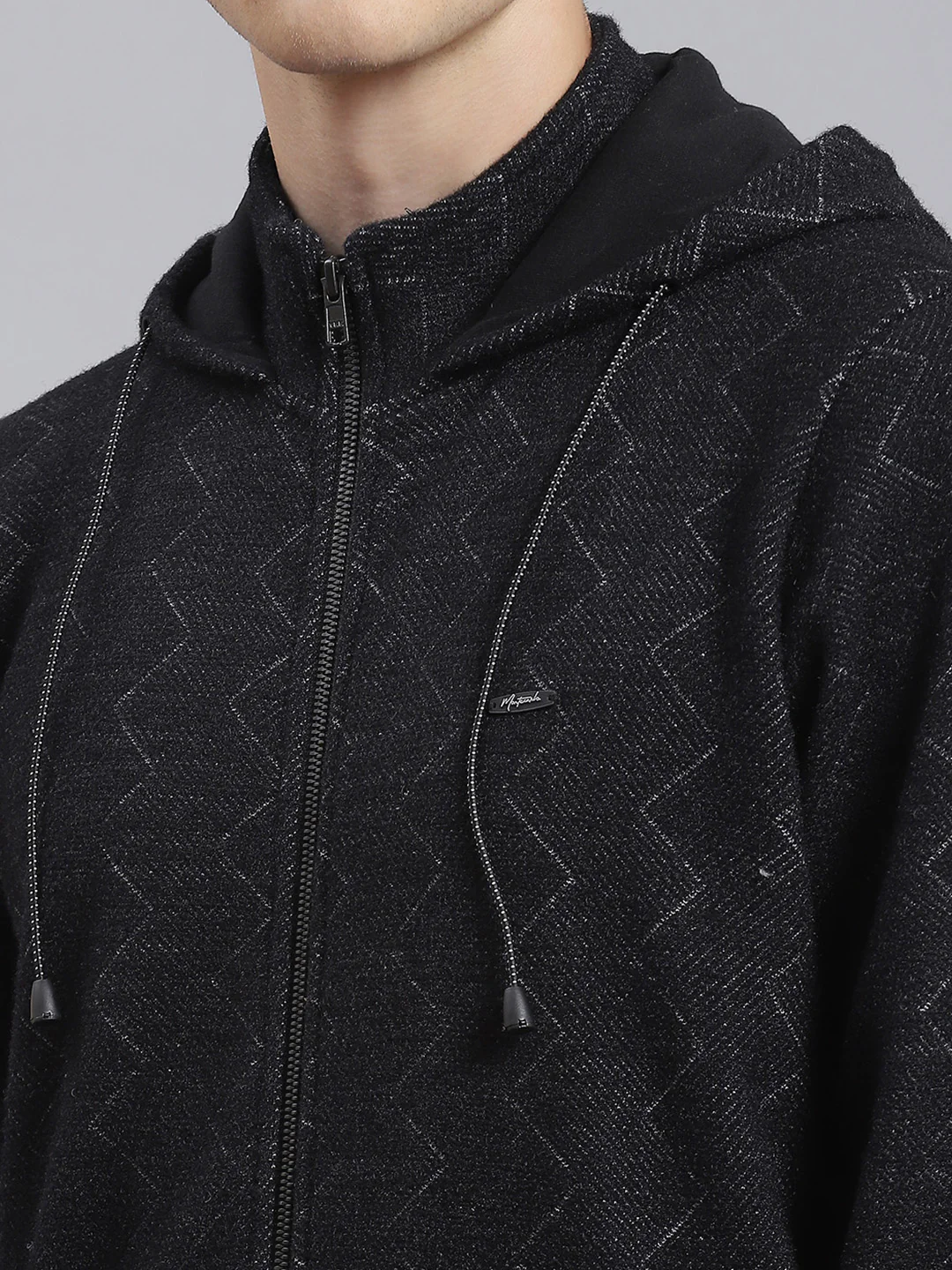Men Black Self Design Hooded Full Sleeve Sweatshirt - Image 6