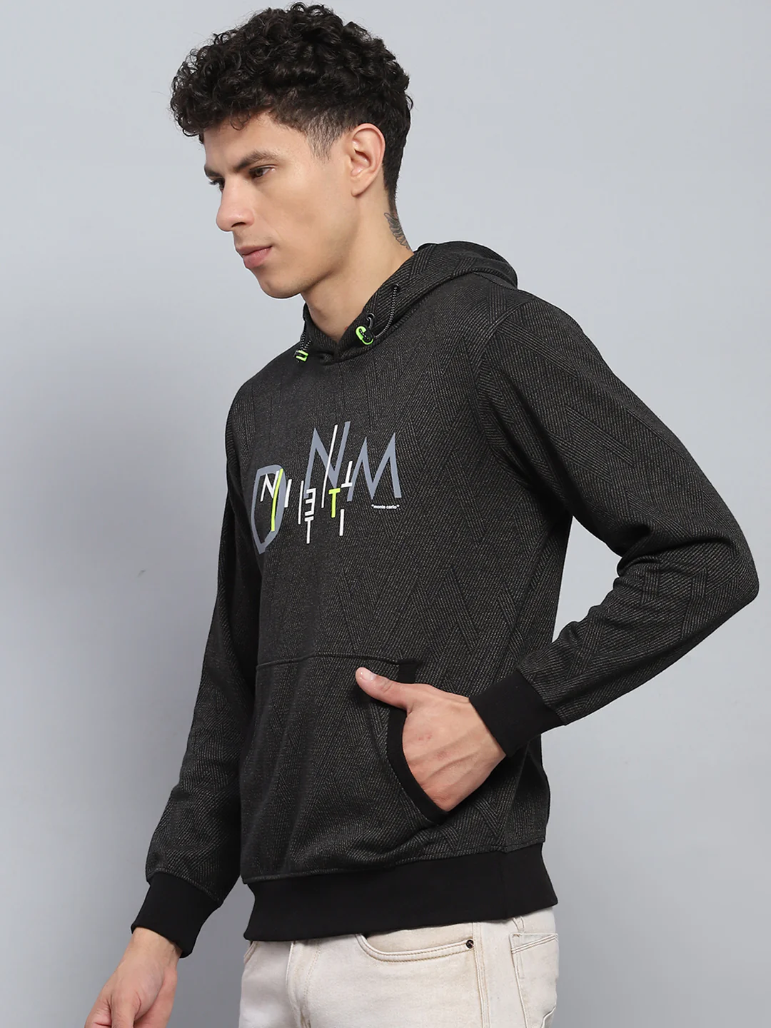 Men Black Self Design Hooded Full Sleeve Winter T-Shirt - Image 3