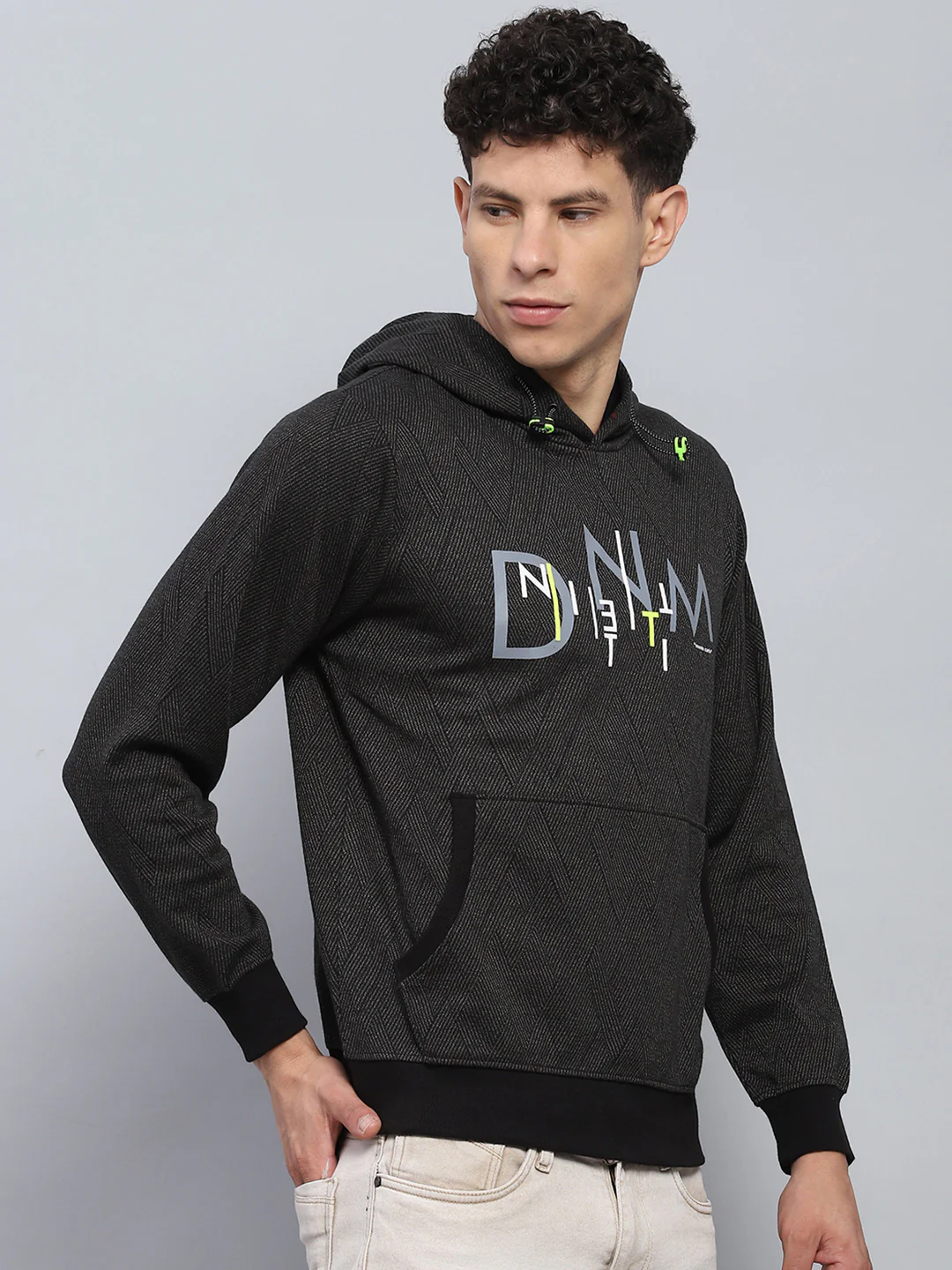 Men Black Self Design Hooded Full Sleeve Winter T-Shirt - Image 4