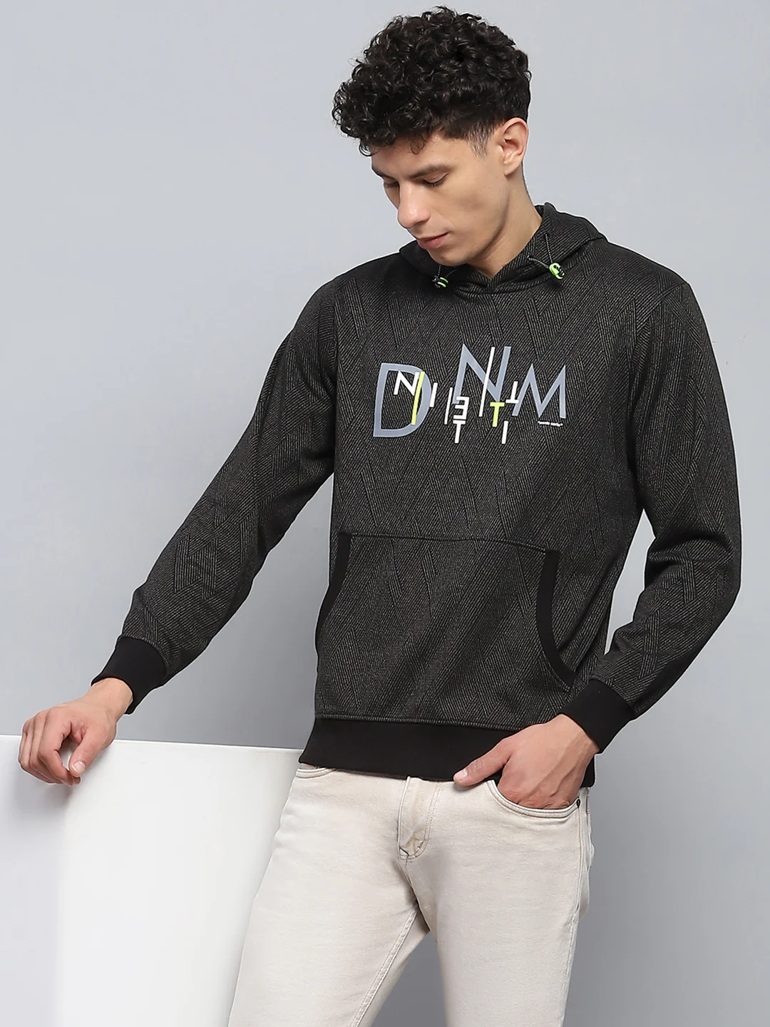 Men Black Self Design Hooded Full Sleeve Winter T-Shirt - Image 6