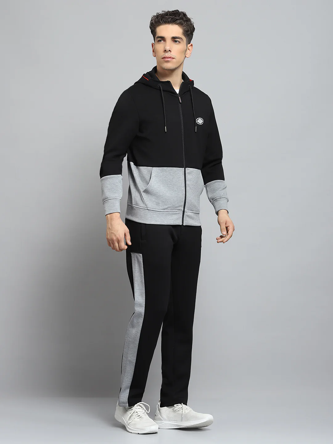 Men Black Self Design Hooded Full Sleeve Winter Tracksuit - Image 4