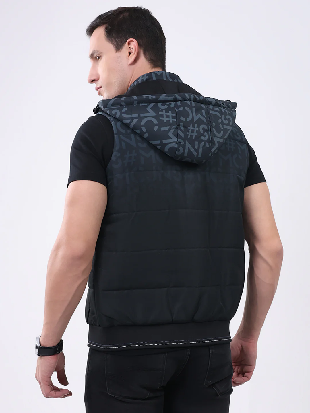 Men Black Self Design Hooded Sleeveless Jacket - Image 5