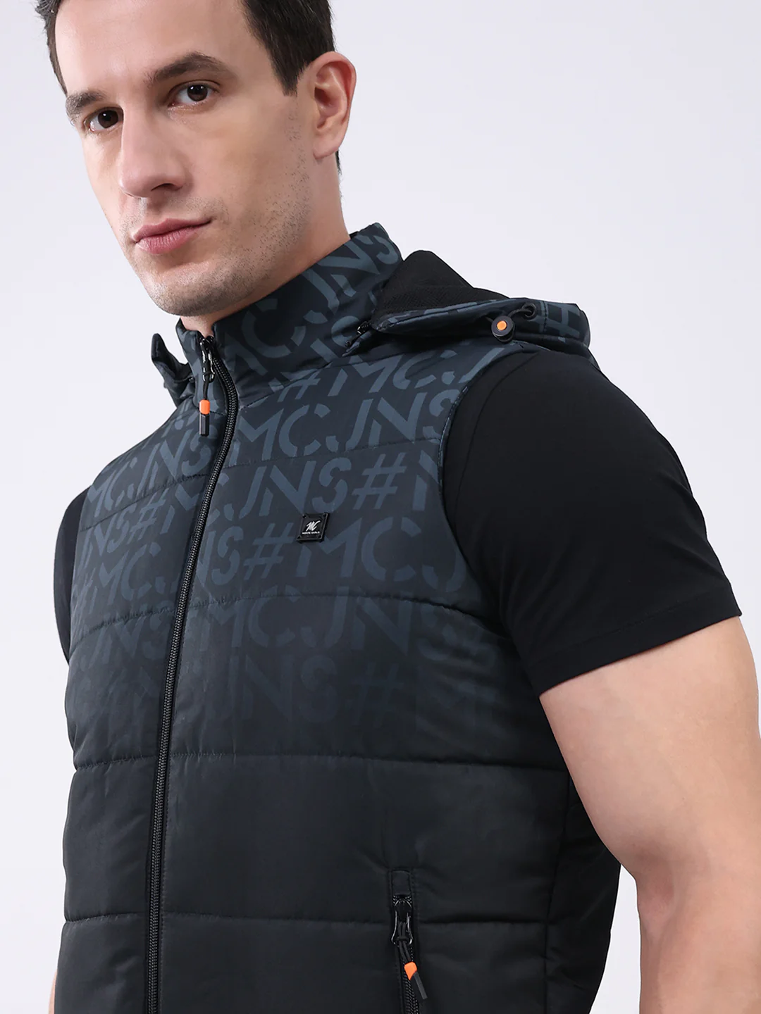 Men Black Self Design Hooded Sleeveless Jacket - Image 6