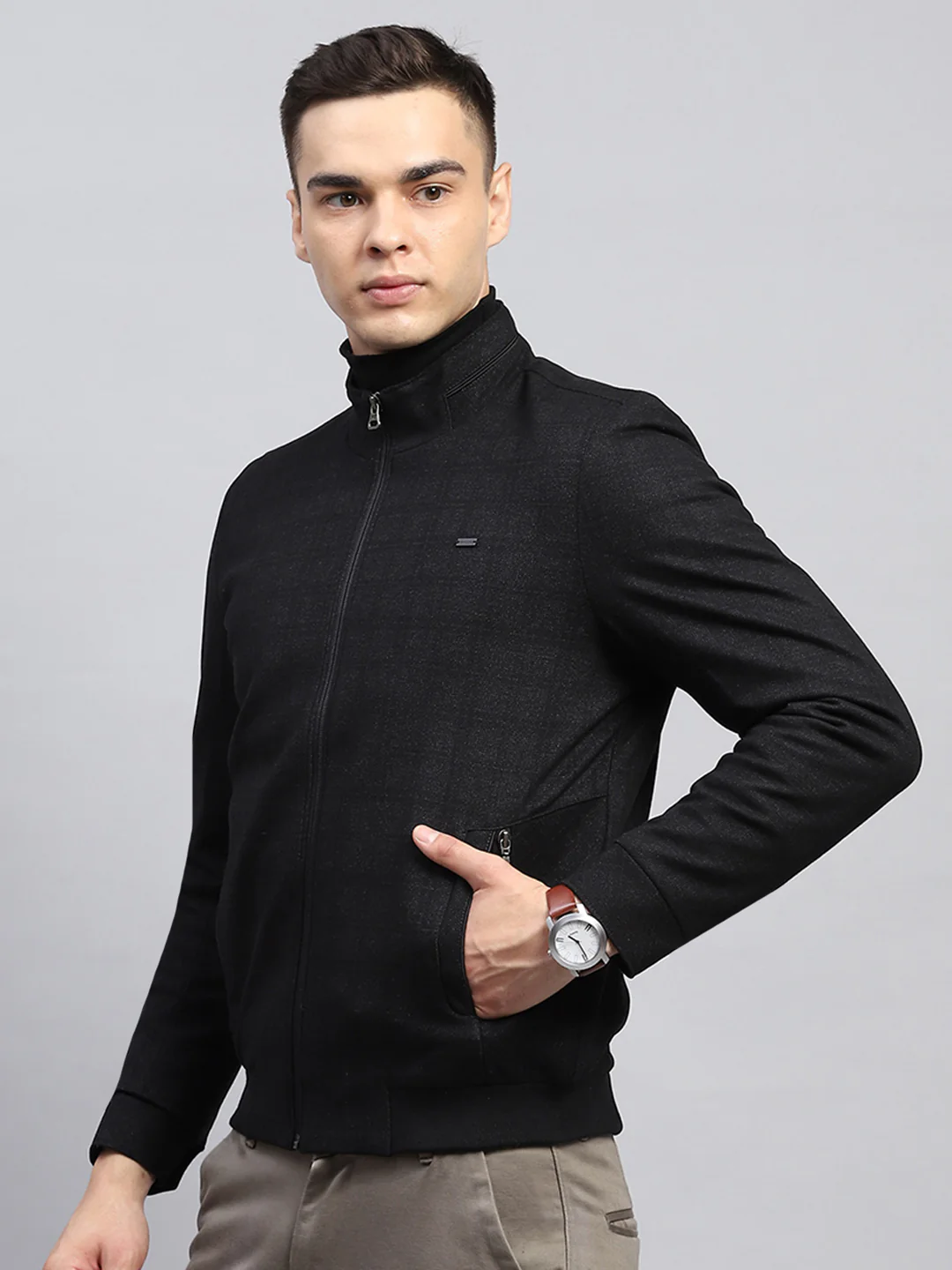 Men Black Self Design Mock Neck Full Sleeve Jacket - Image 3