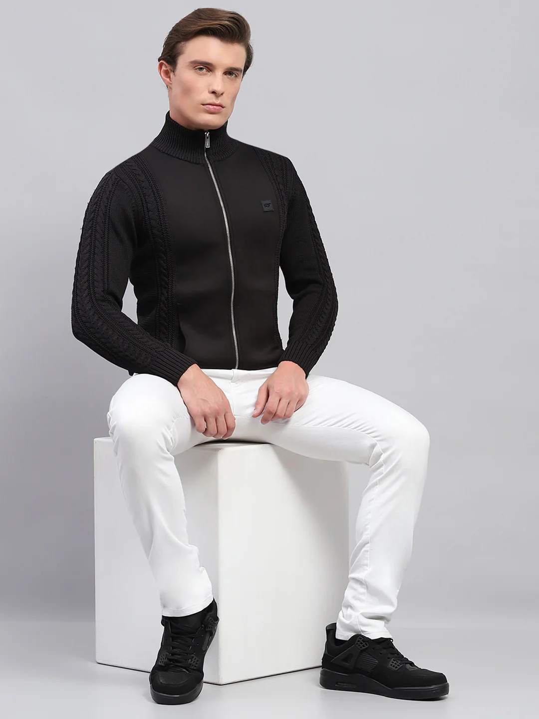 Men Black Self Design Mock Neck Full Sleeve Pullover - Image 2