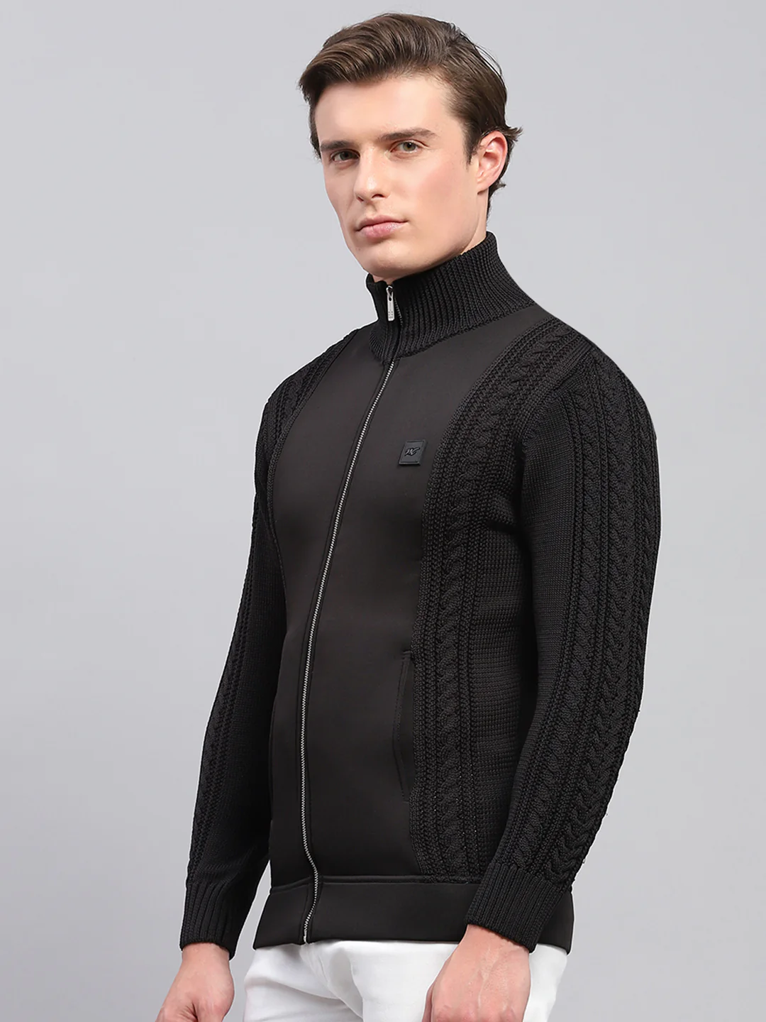 Men Black Self Design Mock Neck Full Sleeve Pullover - Image 3