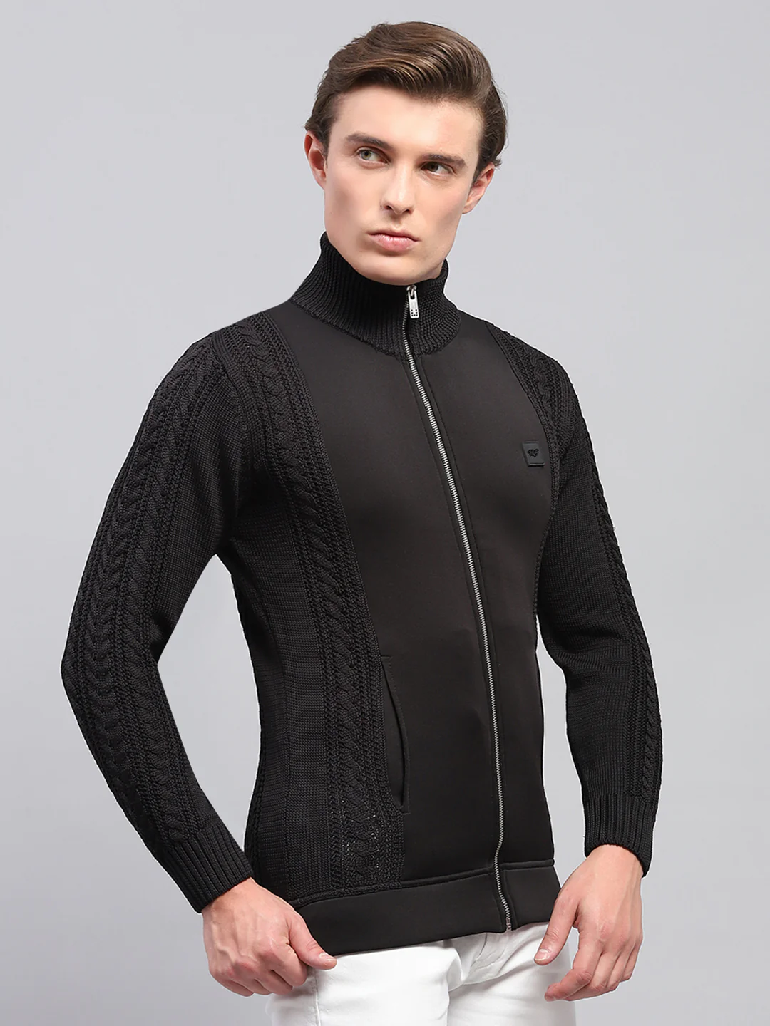Men Black Self Design Mock Neck Full Sleeve Pullover - Image 4