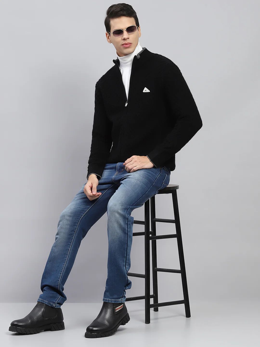 Men Black Self Design Mock Neck Full Sleeve Pullover - Image 2