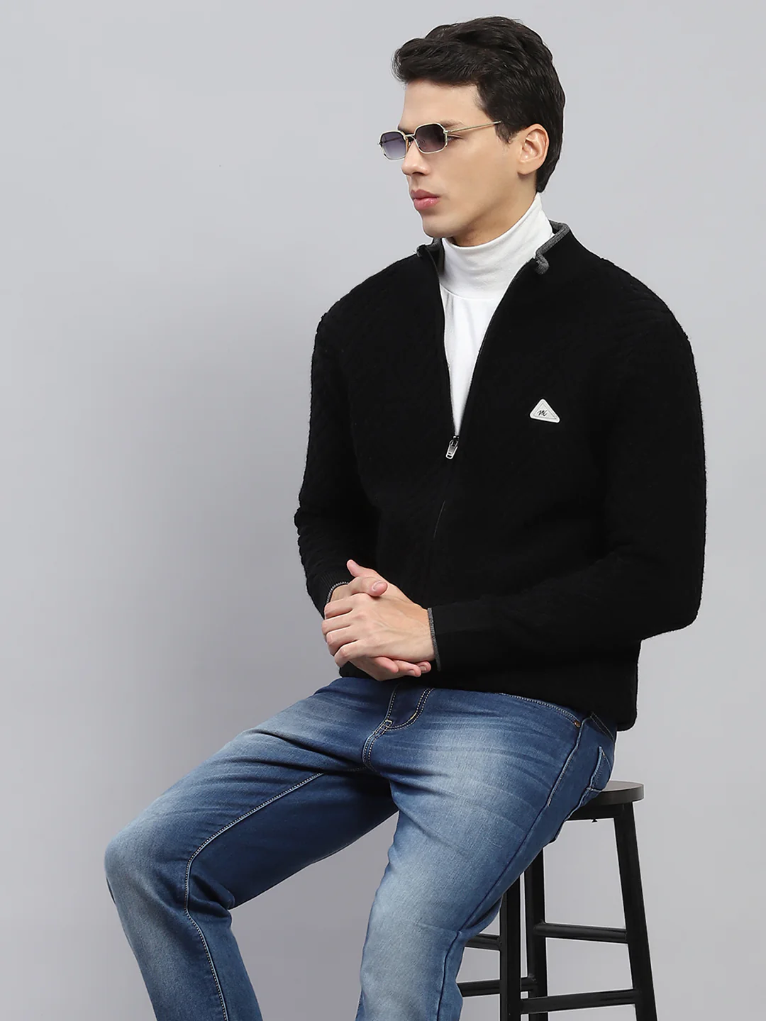 Men Black Self Design Mock Neck Full Sleeve Pullover - Image 6