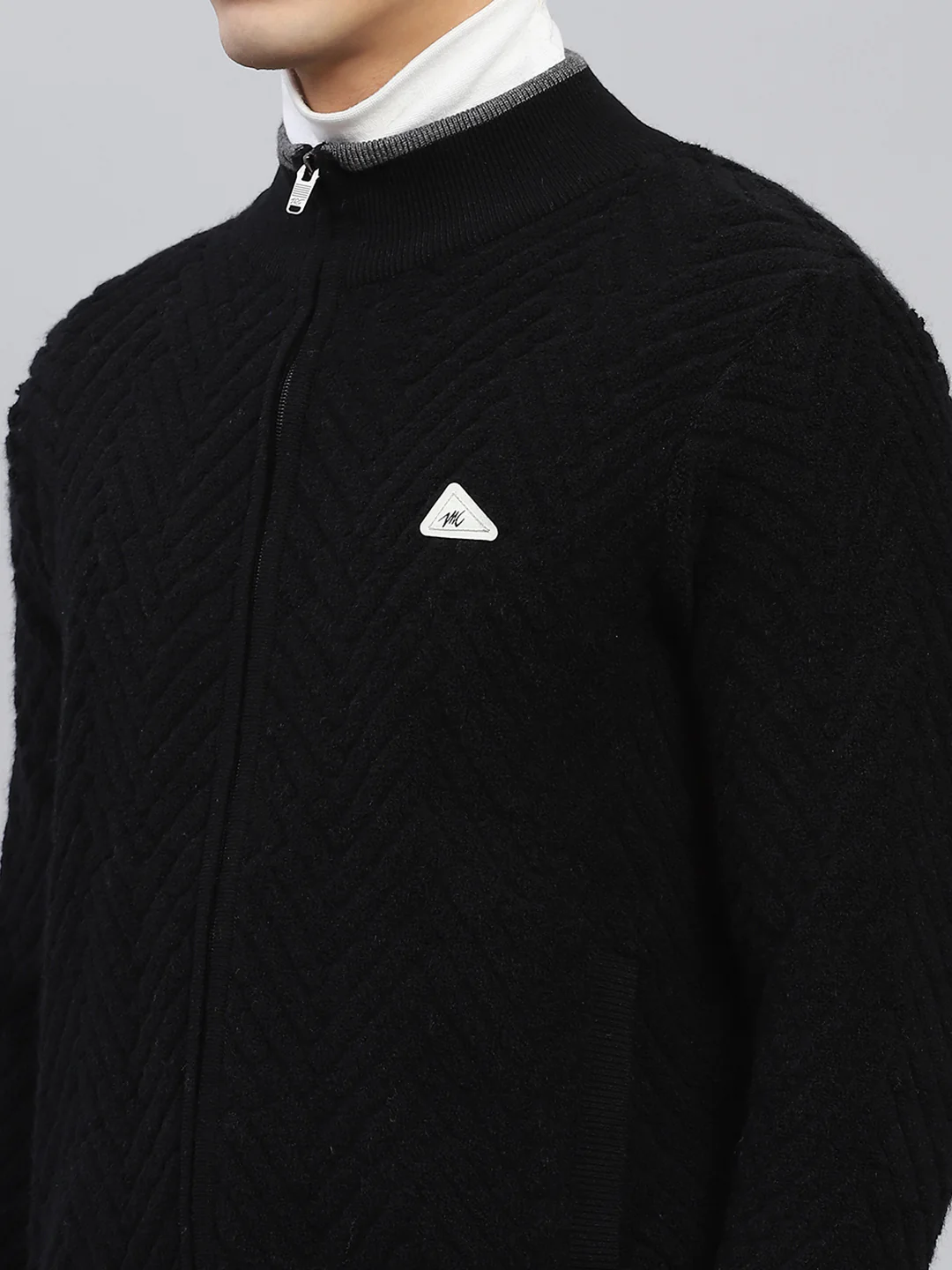 Men Black Self Design Mock Neck Full Sleeve Pullover - Image 7