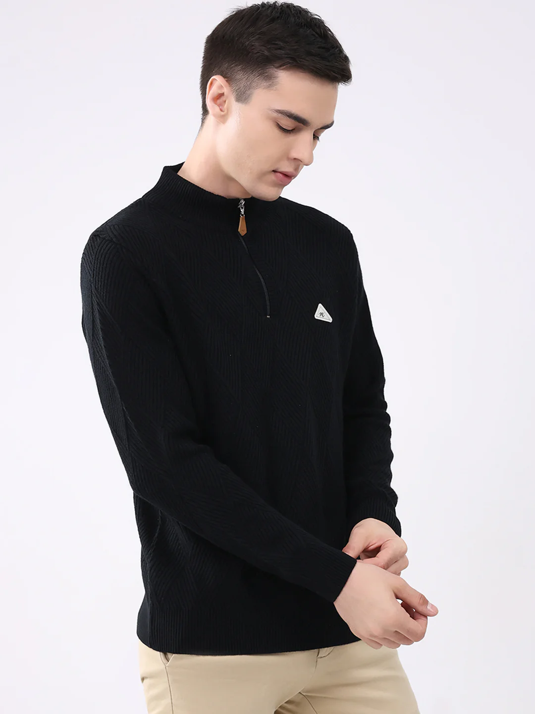 Men Black Self Design Mock Neck Full Sleeve Pullover - Image 4