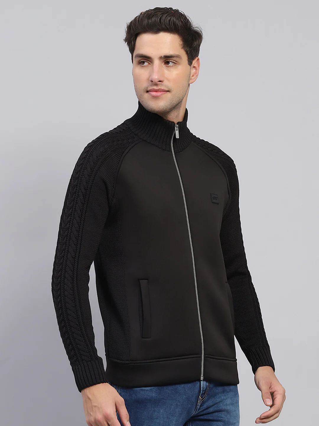 Men Black Self Design Mock Neck Full Sleeve Pullover - Image 4