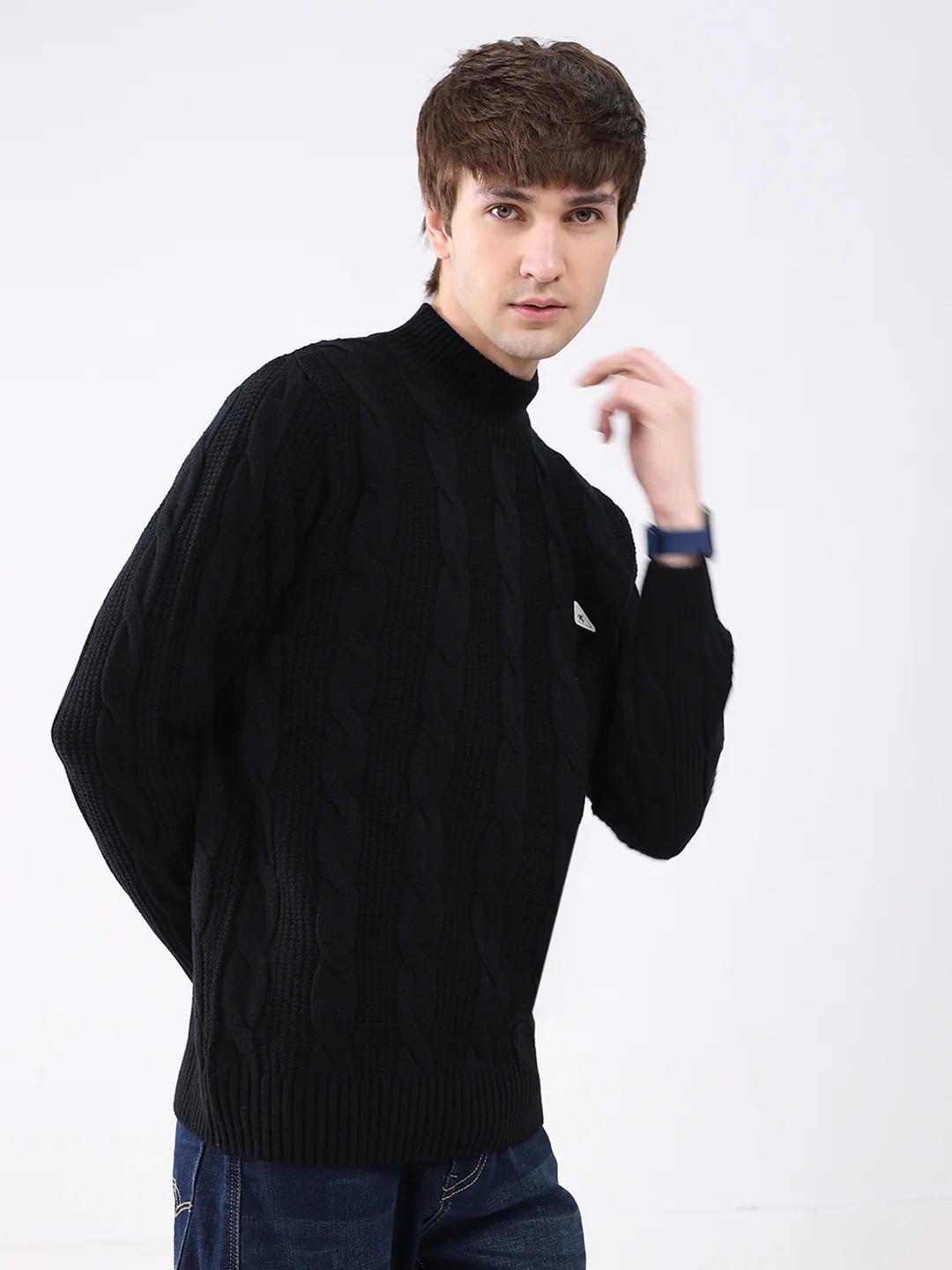 Men Black Self Design Mock Neck Full Sleeve Pullover - Image 4