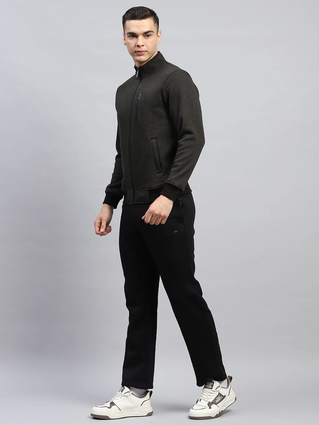 Men Black Self Design Mock Neck Full Sleeve Winter Tracksuit - Image 3
