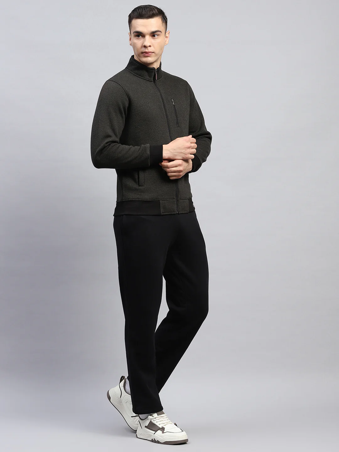 Men Black Self Design Mock Neck Full Sleeve Winter Tracksuit - Image 4